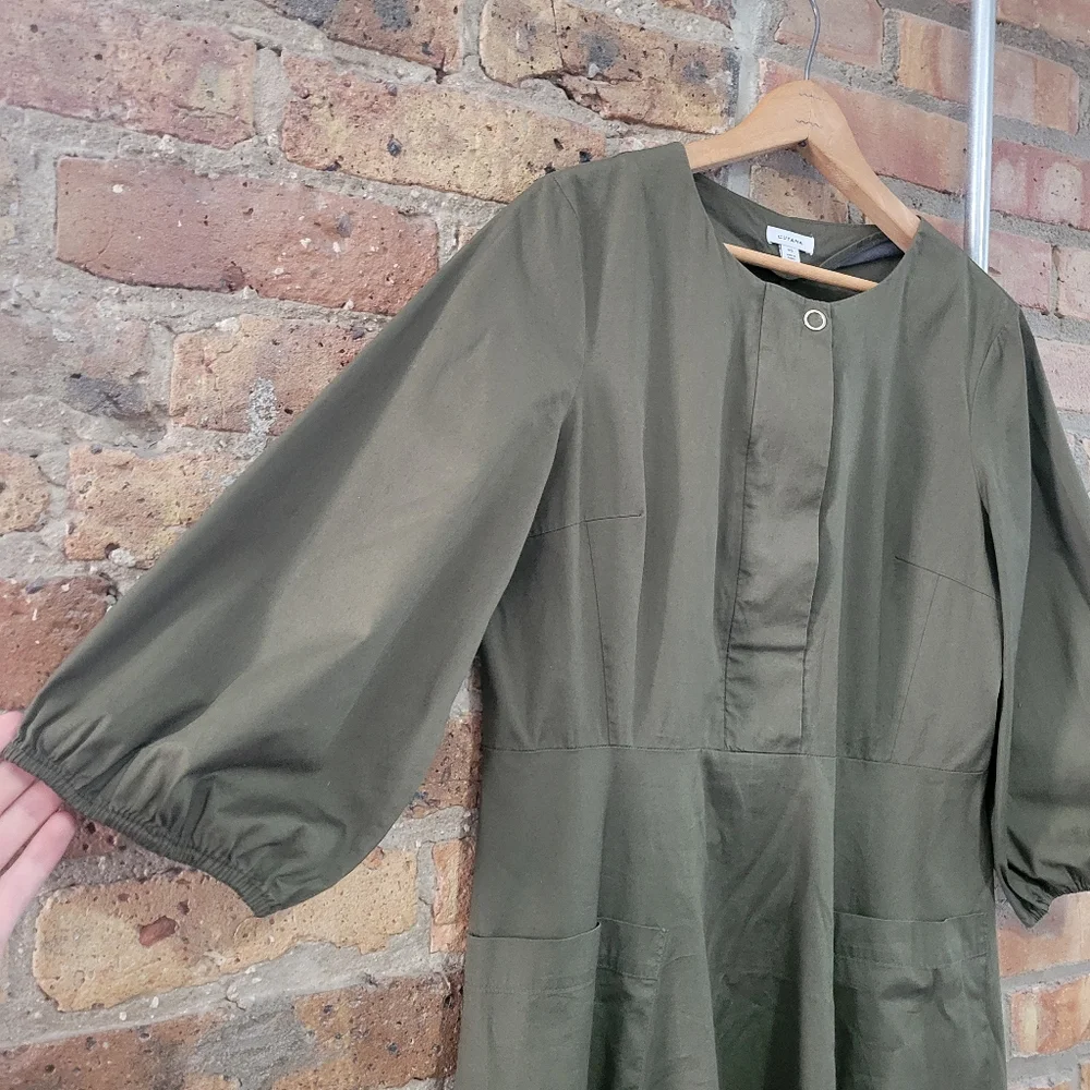 Cuyana Safari Olive Green Cotton Poplin Puff Sleeve Midi Dress Size Medium - Picture 4 of 6